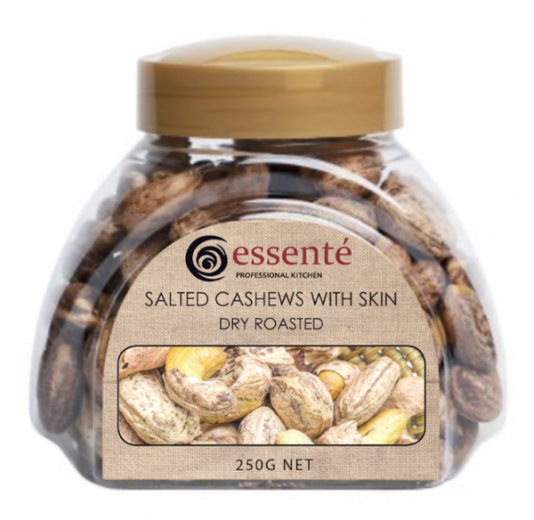 CASHEWS WHOLE SKIN ON ROASTED & SALTED IN TUBS ESSENTE 250gm
